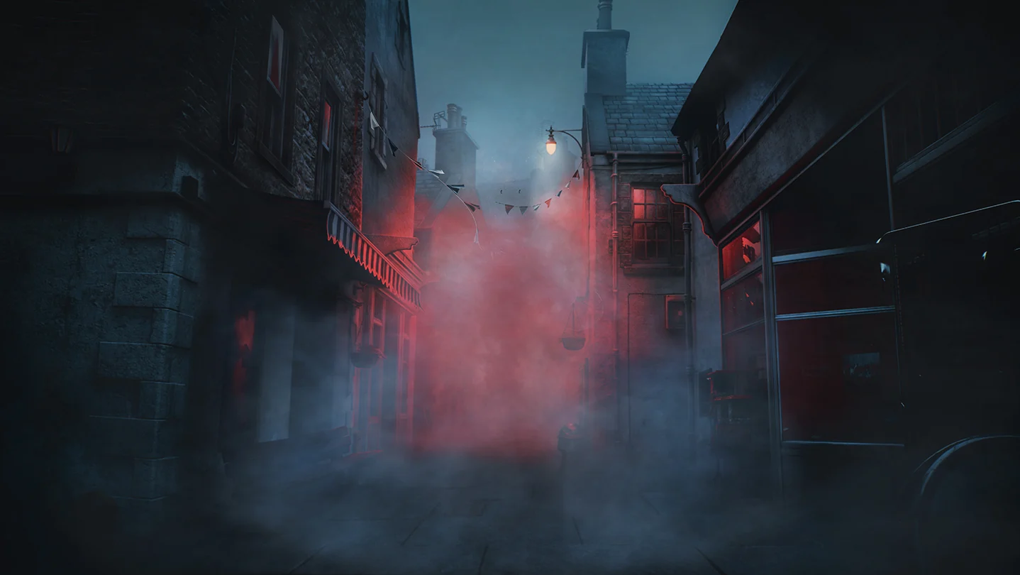 Fog and red light fill an empty St. Amelia street in official Silent Hill: Townfall promotional artwork.